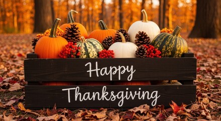 Happy Thanksgiving crate filled with festive autumn decor