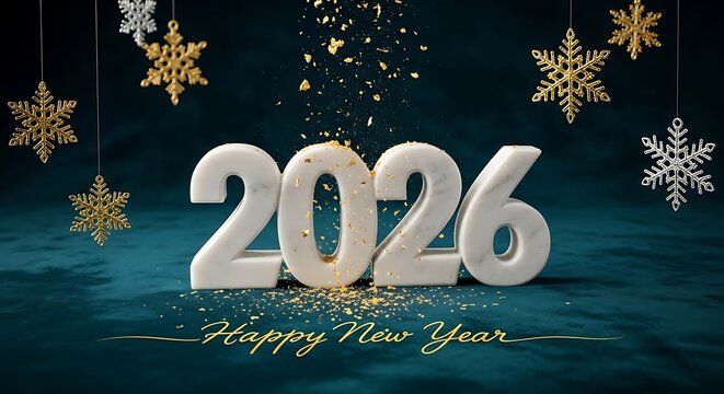 Happy new year 2026 celebration with falling gold confetti