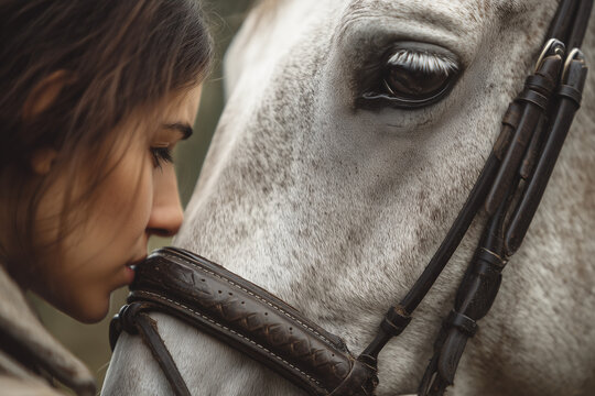 Intimate close-up of a woman and a gray horse sharing a quiet moment — tender human-equine bond with detailed leather bridle and soft expressions - Powered by Adobe
