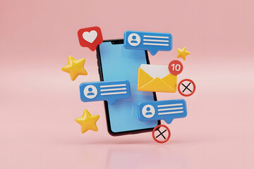 3D Render of a Smartphone with Social Media Notifications and Icons