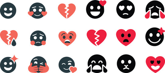 Collection of emoji and broken heart icons in red and dark gray