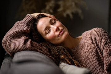 A serene woman relaxes on a couch, exuding tranquility and comfort in a cozy setting, embodying a peaceful moment of self-care.
