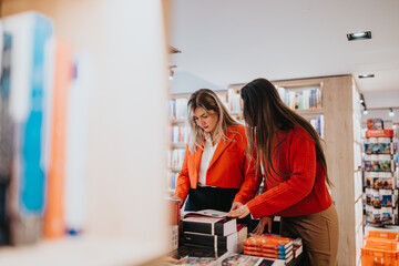 Two women explore a well-lit bookstore, looking through stacks and selecting books. Their teamwork and casual style convey curiosity, learning, and friendship in a calm, literary setting.