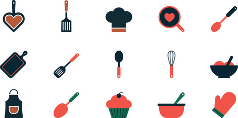Collection of flat design cooking icons with heart motif