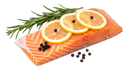 Fresh salmon fillet with lemon slices and rosemary sprig