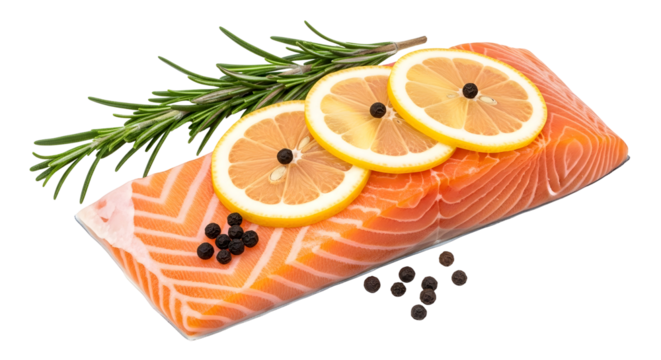 Fresh salmon fillet with lemon slices and rosemary sprig