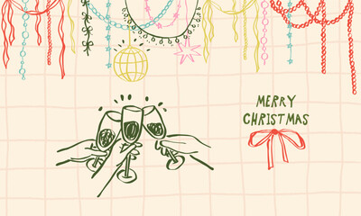 Naklejka premium Christmas whimsical background. Whimsy design poster template with hands making a toast with glasses of champagne. Ribbon garland border greeting card design. Vector hand drawn illustration