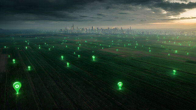 Futuristic aerial view of expansive green agricultural fields with technology integration