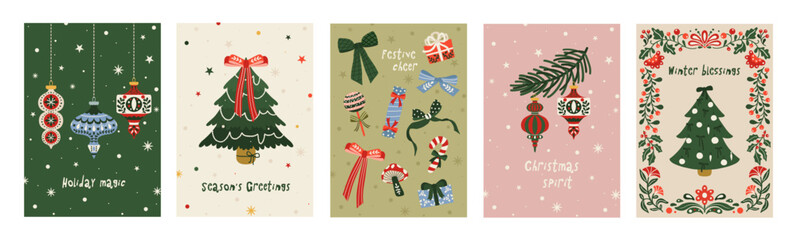 Fototapeta na wymiar Set of Christmas holiday card. Winter folk art xmas poster background with Christmas tree, ornaments, gifts. Greeting card design template. Vector flat illustration
