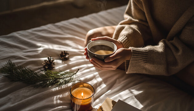Manos con su&eacute;ter beige sostienen una taza de caf&eacute; caliente sobre una cama blanca, en un ambiente c&aacute;lido y acogedor con luces suaves y detalles naturales que evocan calma y confort.
