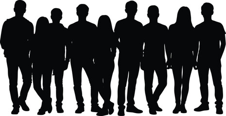 Large group of diverse people standing together, black silhouette vector illustration isolated on white background, for teamwork, community, and social designs.