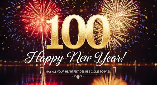 Happy new year 100 with fireworks and confetti