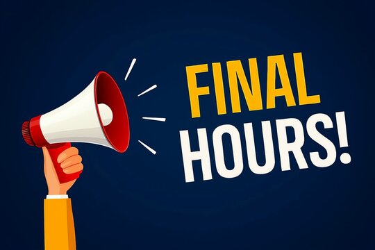 Megaphone announcing final hours of a sale or promotion with bold text on a dark blue background - Powered by Adobe