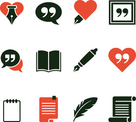 Collection of writing and communication icons in red and dark green