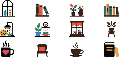 Cozy home icons with plants books and coffee vector