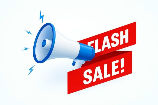 Megaphone announcing a flash sale with red banners and lightning bolt graphics for marketing and promotion - Powered by Adobe
