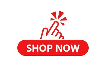 Red shop now button with a finger cursor clicking on it representing online shopping and e commerce actions