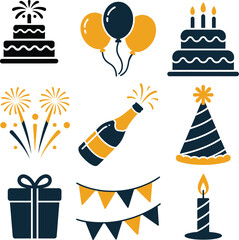 Dark blue and gold party icons on white background