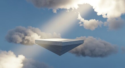 Floating pyramid platform in a cloudy sky with sunbeams abstract conceptual scene