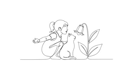 Single continuous line art of a girl and cat admiring a flower with line drawing, simple shapes