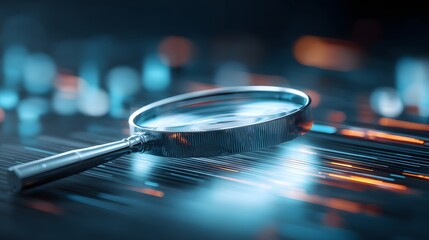 Magnifying Glass on Digital Surface with Glowing Lines and Bokeh Effect.