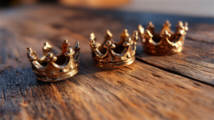 Three kings. Day of the Three Magi. Three golden crowns on a wooden background.
