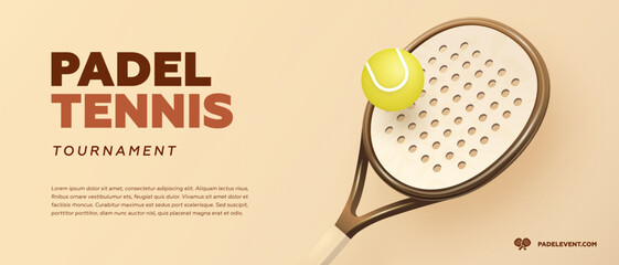 Padel tennis tournament poster, web banner or flyer design template. Sport event background. Vector illustration of padel ball and racket. Realistic 3d style, retro colors