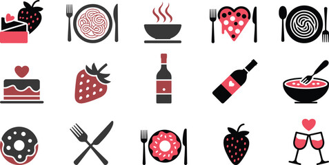 Food and drink icons with strawberries cake pizza wine and pasta