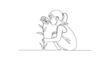 Continuous single line art of a girl smelling a flower, simple illustration - d