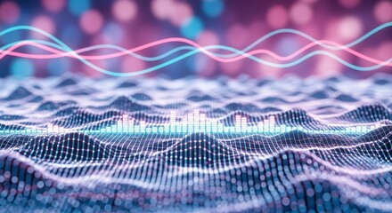 Abstract digital landscape with waveform and equalizer in pink and blue color scheme design