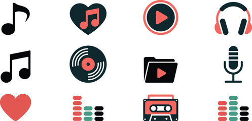 Music icons and symbols in coral teal and black note