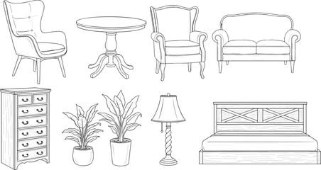 Furniture line drawing, home decor sketch, armchair, sofa, bed frame, potted plants, lamp, interior design, vintage and modern styles