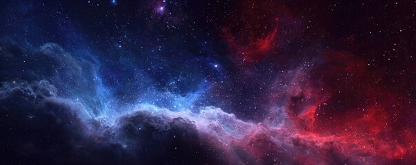 Vivid blue and red nebula with sparse stars in deep space background