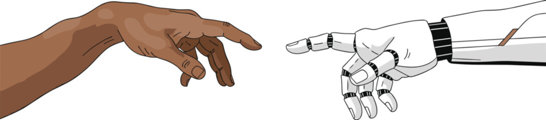 Human hand reaching robotic hand, artificial intelligence connection, future technology, machine interaction, digital evolution, innovation, cybernetic touch, unity concept
