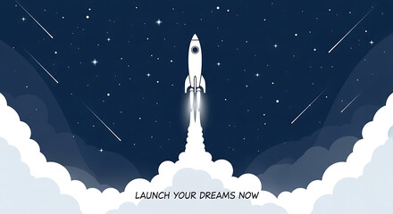 White rocket launching into starry night sky with clouds and smoke