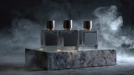 Three elegant perfume bottles displayed on a stone platform, surrounded by a delicate mist, creating an air of mystery and luxury. The bottles have a sleek, minimalist design