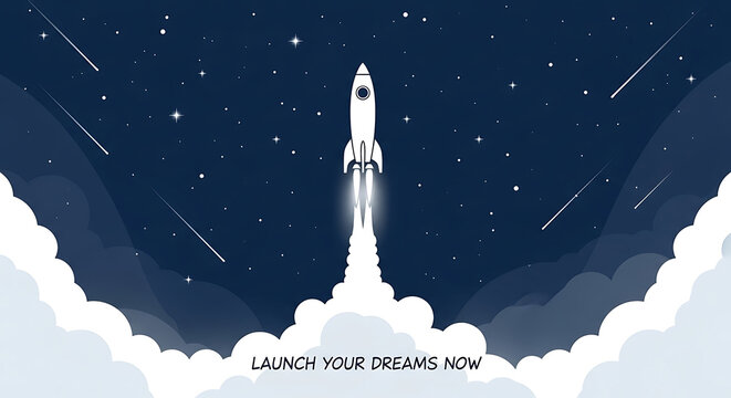 White rocket launching into starry night sky with clouds and smoke - Powered by Adobe