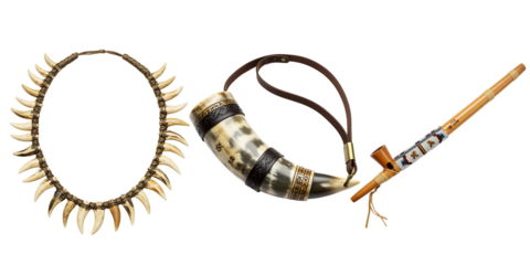 Native american ceremonial items including a tooth necklace horn and pipe