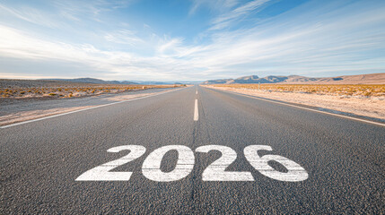 A long, straight road stretches into the horizon, marked with the year "2026" in large, bold letters.