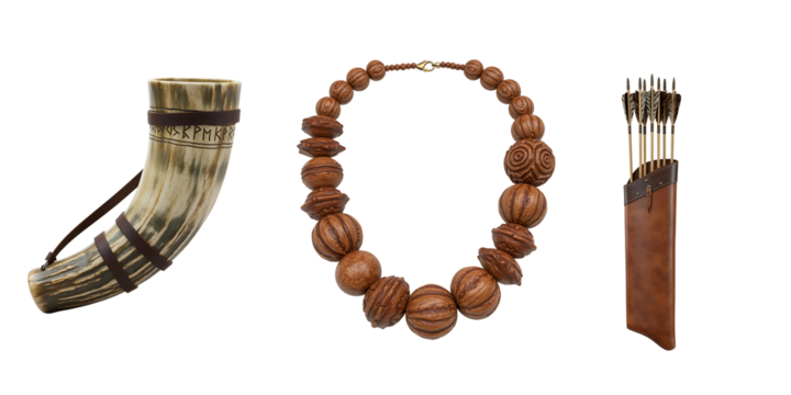 Ancient hunting and adornment artifacts including a quiver of arrows and a beaded necklace