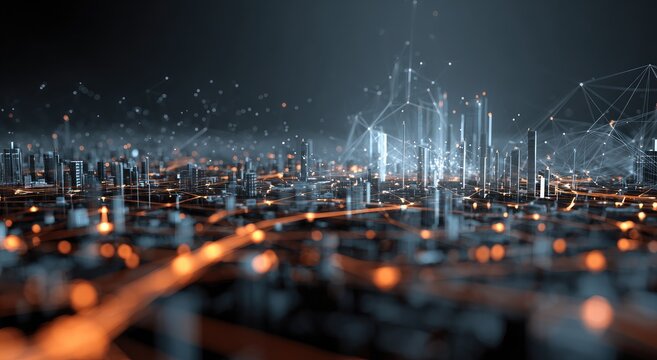 Abstract city skyline with network of connections and glowing lights