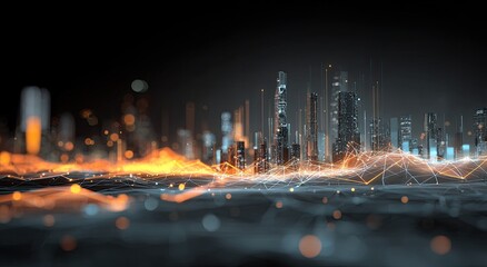 Futuristic cityscape glows with network of light, against a dark background