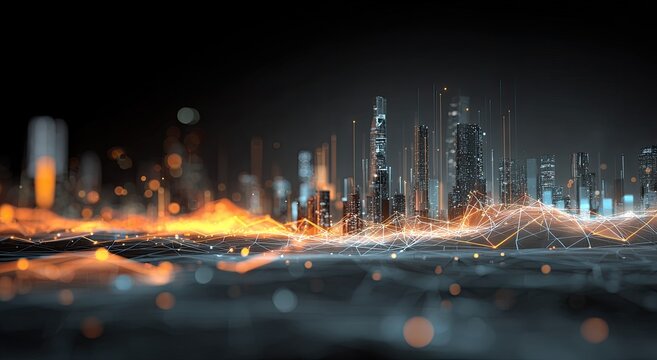 Futuristic cityscape glows with network of light, against a dark background