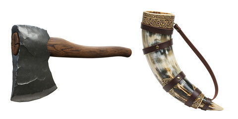 Viking age axe and drinking horn against a black background