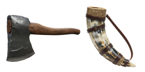 Viking age axe and drinking horn against a black background