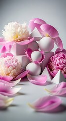 Geometric harmony with peony blossoms and pristine spherical accents