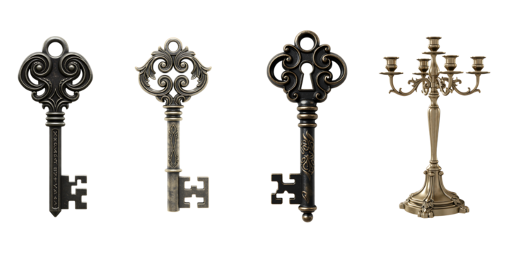 Antique ornate keys and candelabra on a black background