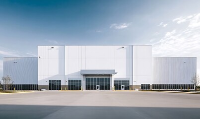 Obraz premium Modern warehouse exterior against clear blue sky showcasing industrial architecture