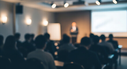 Audience listening to a speaker during a professional business conference or training seminar in a dark lecture hall