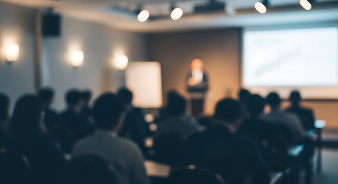 Audience listening to a speaker during a professional business conference or training seminar in a dark lecture hall